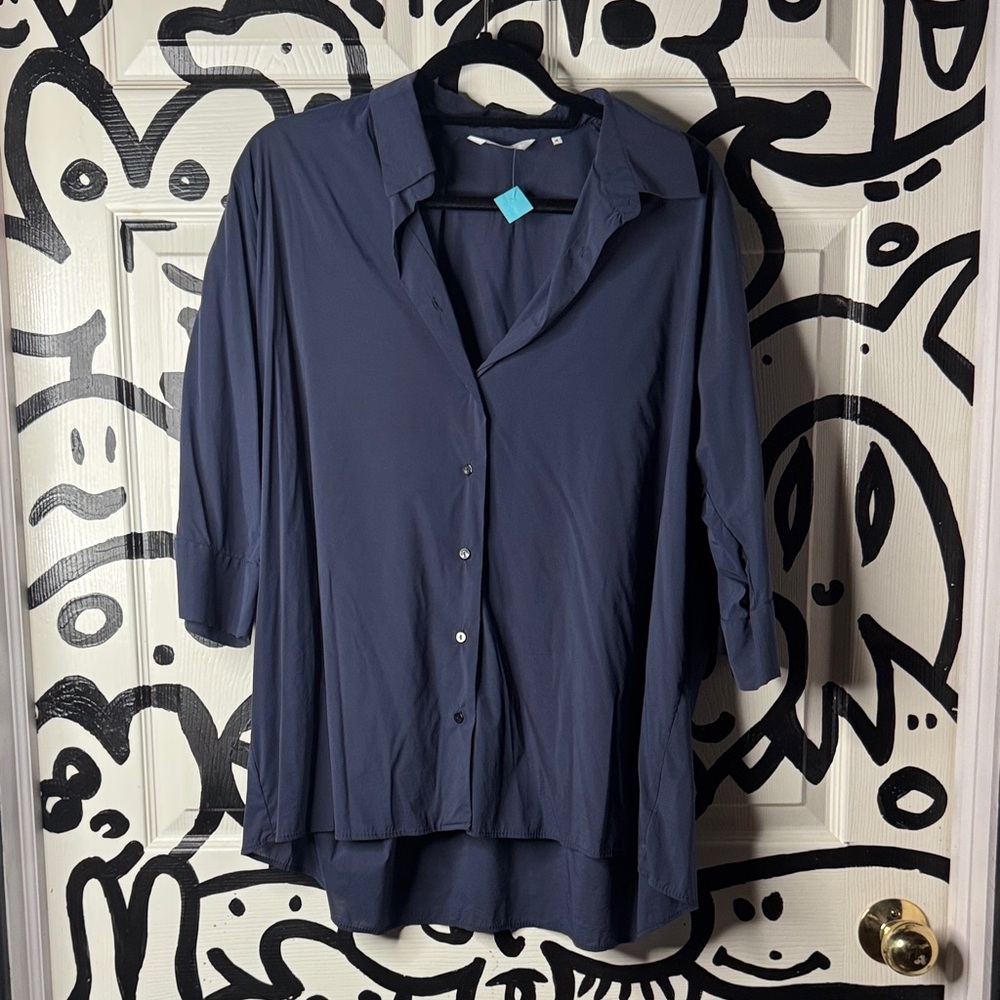 Xacus revolutionary silk Navy Button-Up Blouse loose fit 48